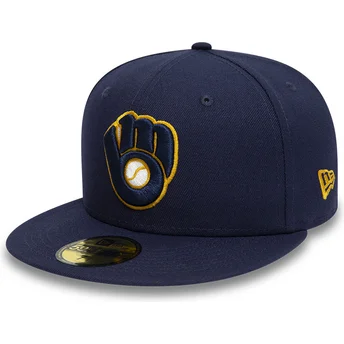 Petten plat marineblauw fitted 59FIFTY Authentic On Field van Milwaukee Brewers MLB van New Era