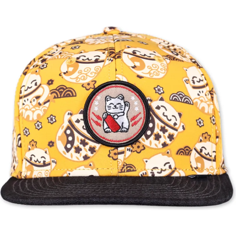 petten-plat-geel-snapback-lucky-cat-linen-van-djinns