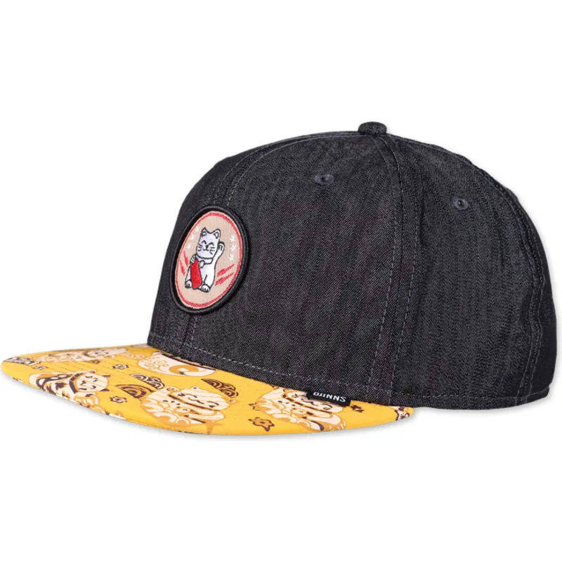 petten-plat-zwart-snapback-lucky-cat-linen-rev-van-djinns