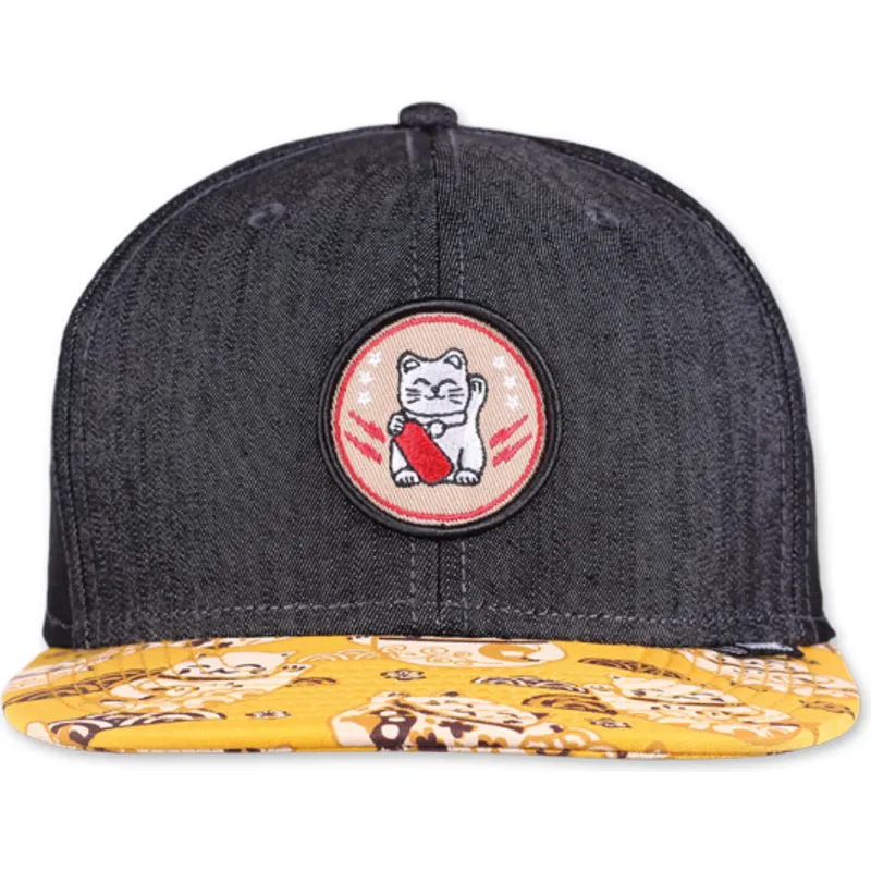 petten-plat-zwart-snapback-lucky-cat-linen-rev-van-djinns