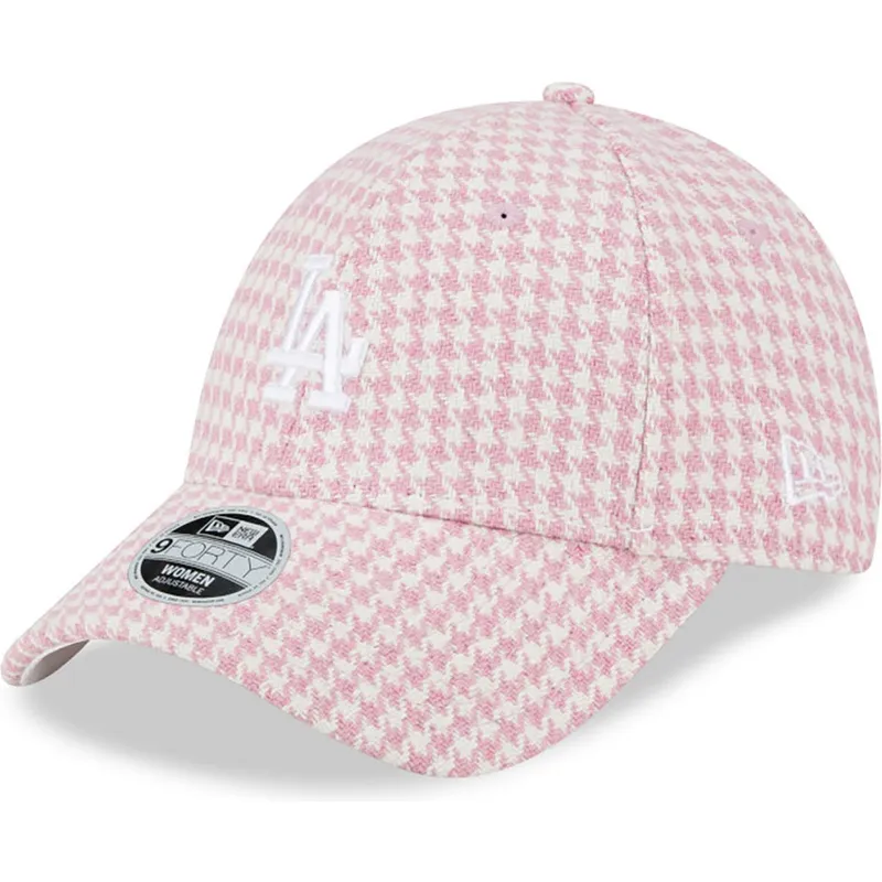 petten-gebogen-roze-verstelbaar-9forty-houndstooth-van-los-angeles-dodgers-mlb-van-new-era