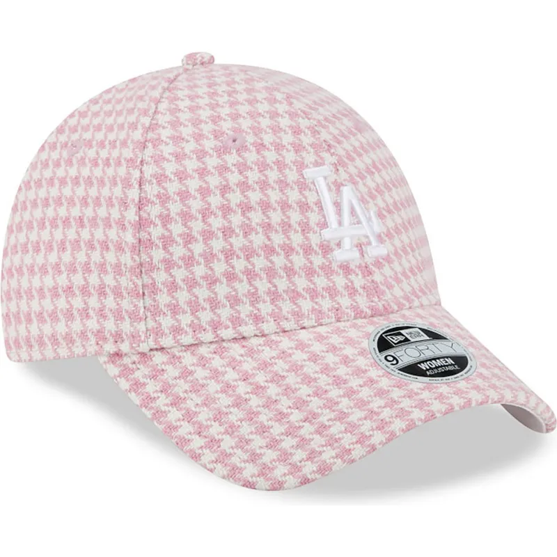 petten-gebogen-roze-verstelbaar-9forty-houndstooth-van-los-angeles-dodgers-mlb-van-new-era
