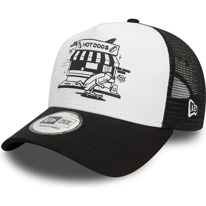 petten-gebogen-zwart-snapback-a-frame-graphic-van-hot-dog-new-york-van-new-era