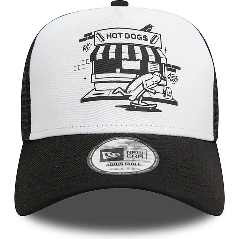 petten-gebogen-zwart-snapback-a-frame-graphic-van-hot-dog-new-york-van-new-era