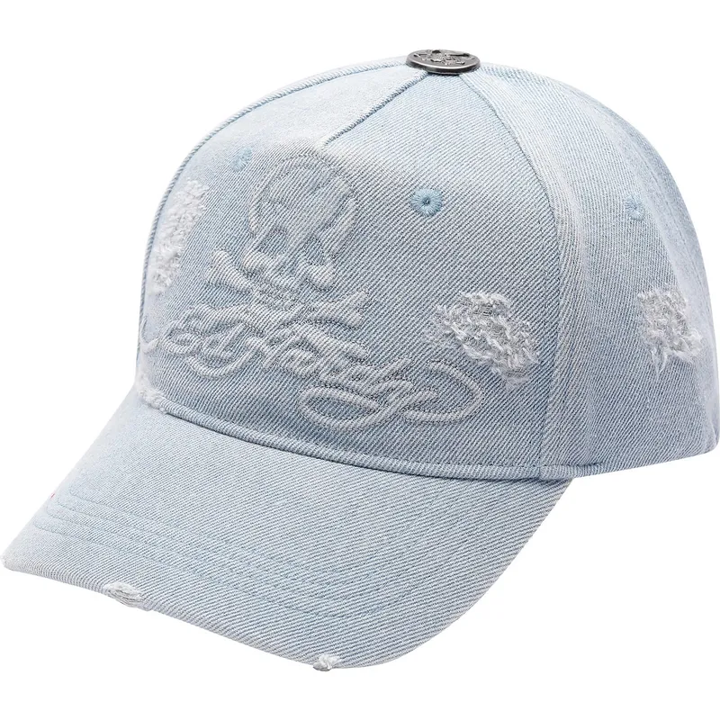 petten-gebogen-blauw-verstelbaar-denim-embossed-skull-van-ed-hardy