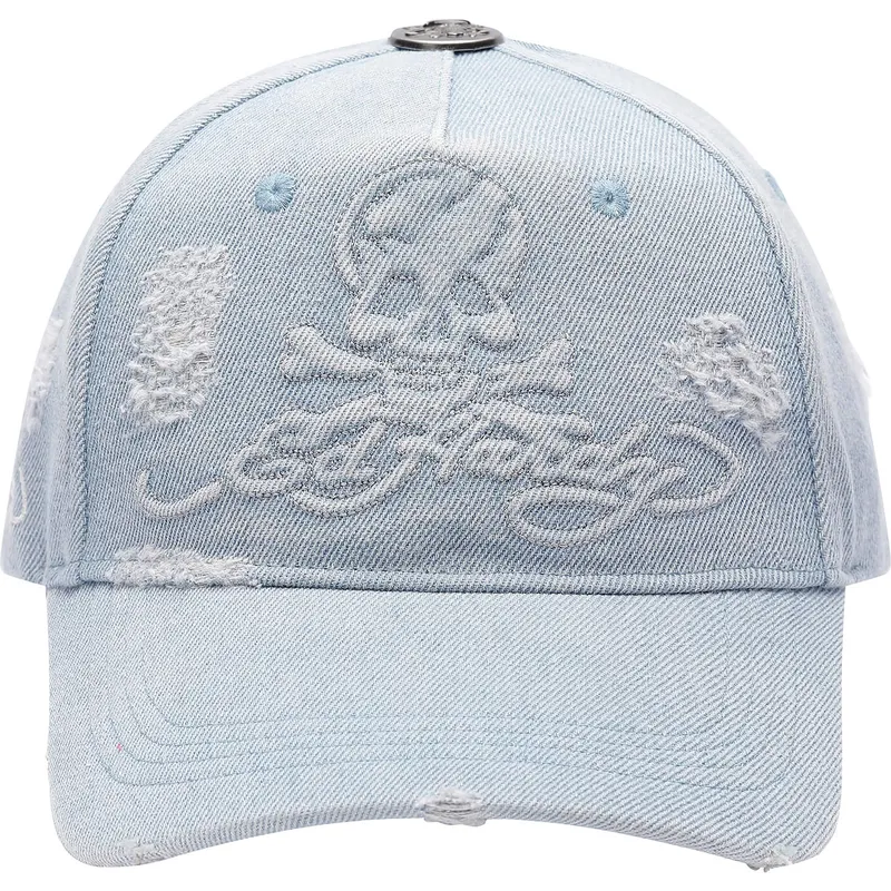 petten-gebogen-blauw-verstelbaar-denim-embossed-skull-van-ed-hardy