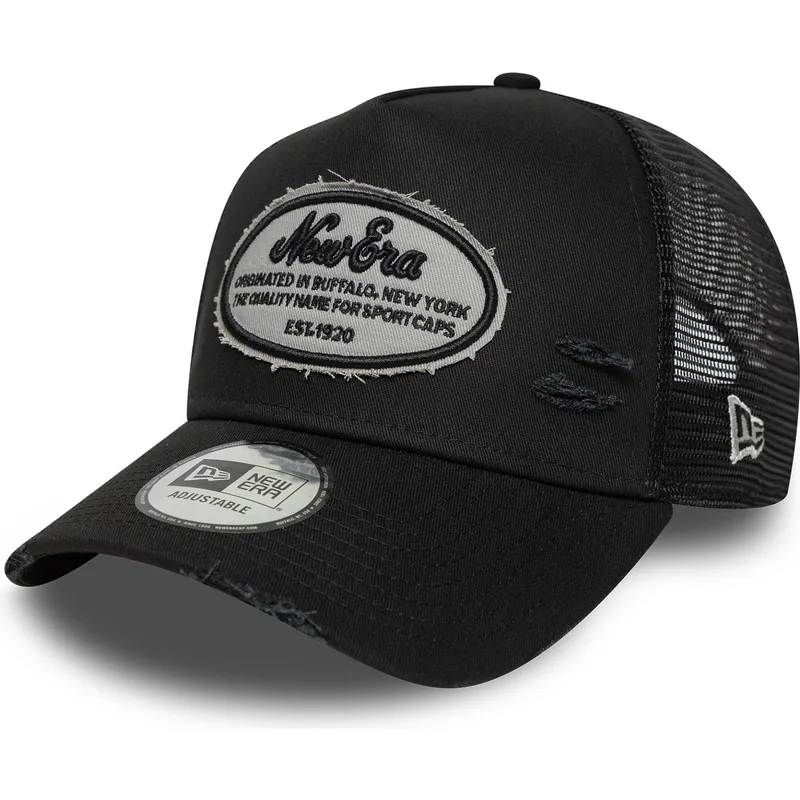 petten-gebogen-zwart-snapback-a-frame-oval-distress-patch-van-new-era