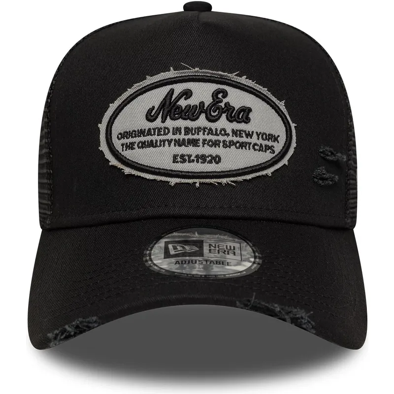 petten-gebogen-zwart-snapback-a-frame-oval-distress-patch-van-new-era