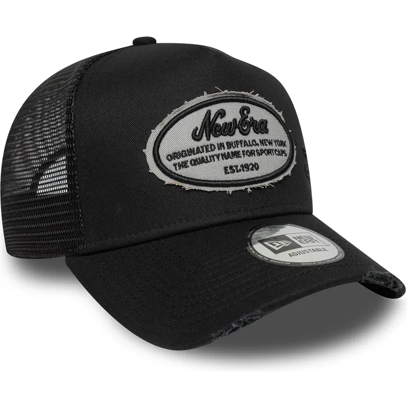 petten-gebogen-zwart-snapback-a-frame-oval-distress-patch-van-new-era