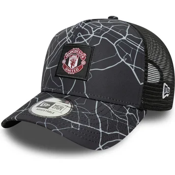 Petten gebogen zwart snapback A Frame All Over Print van Manchester United Football Club Premier League van New Era