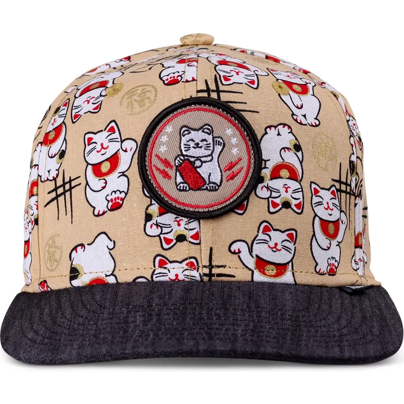 petten-plat-beige-snapback-voor-kinderen-lucky-cat-linen-van-djinns
