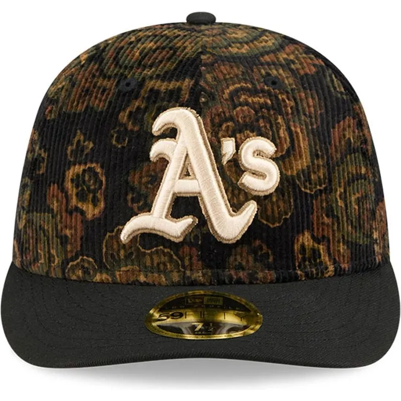 petten-gebogen-zwart-fitted-59fifty-low-profile-floral-cord-three-looms-printed-corduroy-van-oakland-athletics-mlb-van-new-era