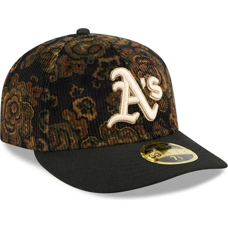 petten-gebogen-zwart-fitted-59fifty-low-profile-floral-cord-three-looms-printed-corduroy-van-oakland-athletics-mlb-van-new-era