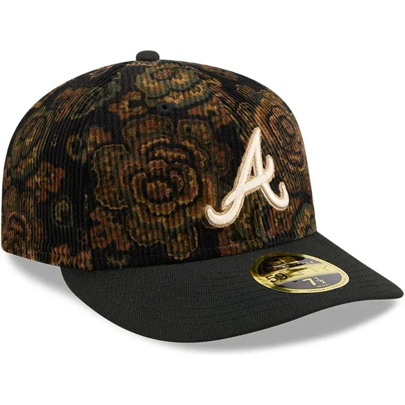 petten-gebogen-zwart-fitted-59fifty-low-profile-floral-cord-three-looms-printed-corduroy-van-atlanta-braves-mlb-van-new-era