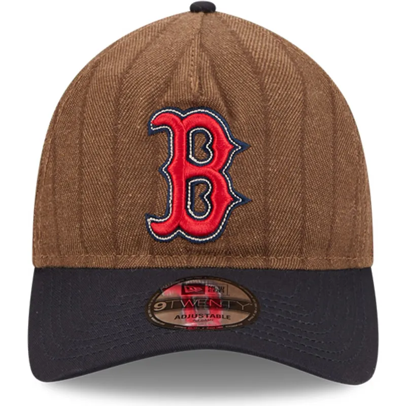 petten-gebogen-bruin-verstelbaar-9twenty-a-frame-wool-pinstripe-van-boston-red-sox-mlb-van-new-era