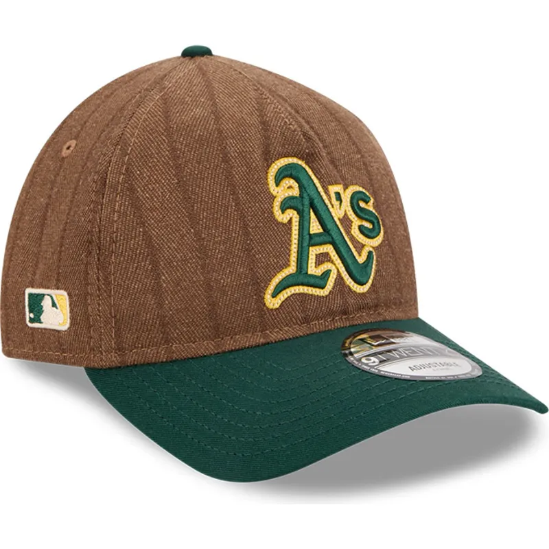 petten-gebogen-bruin-verstelbaar-9twenty-a-frame-wool-pinstripe-van-oakland-athletics-mlb-van-new-era