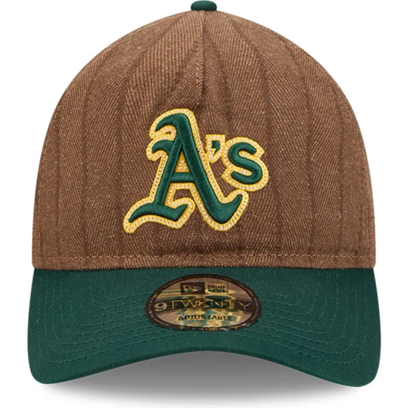 petten-gebogen-bruin-verstelbaar-9twenty-a-frame-wool-pinstripe-van-oakland-athletics-mlb-van-new-era