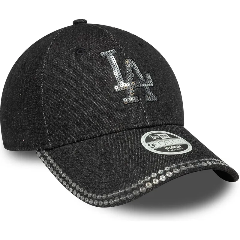 petten-gebogen-zwart-verstelbaar-9forty-sequin-denim-van-los-angeles-dodgers-mlb-van-new-era