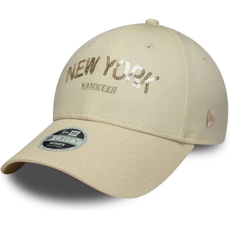 petten-gebogen-beige-verstelbaar-9forty-sequin-wordmark-van-new-york-yankees-mlb-van-new-era