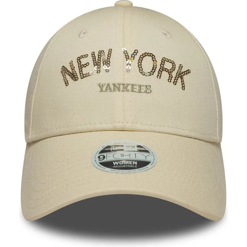 petten-gebogen-beige-verstelbaar-9forty-sequin-wordmark-van-new-york-yankees-mlb-van-new-era