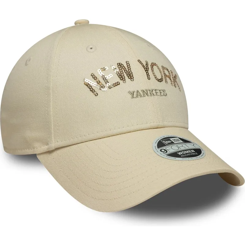 petten-gebogen-beige-verstelbaar-9forty-sequin-wordmark-van-new-york-yankees-mlb-van-new-era