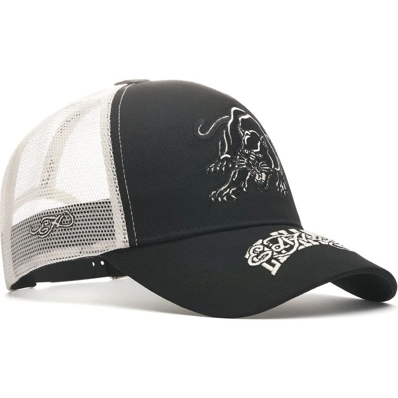 petten-gebogen-zwart-snapback-contrast-stitch-panther-graphic-van-ed-hardy