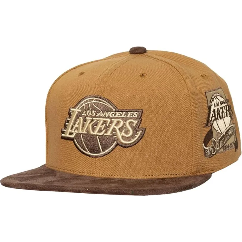 petten-plat-bruin-verstelbaar-coffee-strapback-van-los-angeles-lakers-nba-van-mitchell-ness