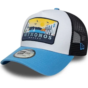 Petten gebogen blauw snapback A Frame Location Patch van Mykonos van New Era