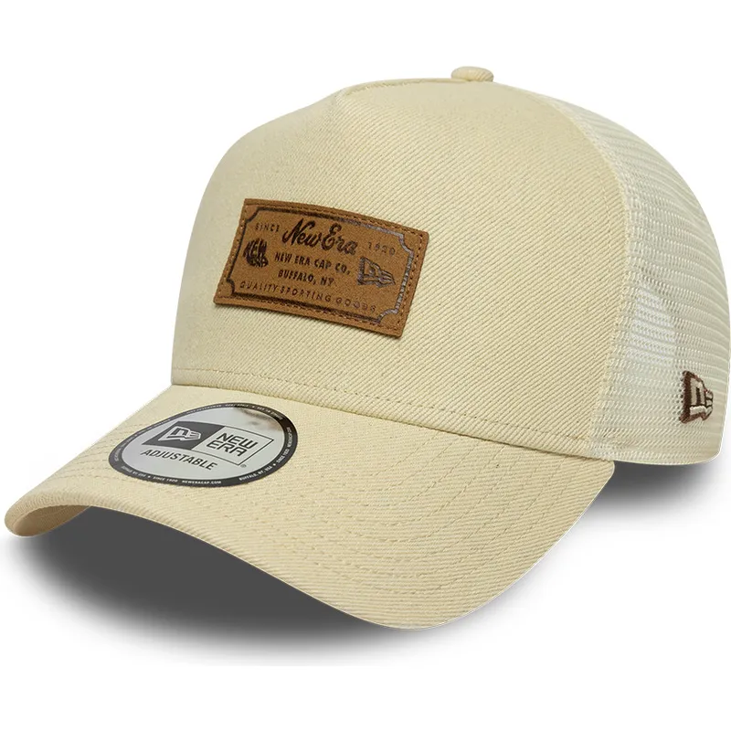 petten-gebogen-beige-snapback-a-frame-denim-leather-patch-van-new-era