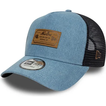 Petten gebogen blauw snapback A Frame Denim Leather Patch van New Era