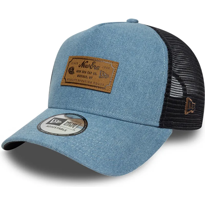 petten-gebogen-blauw-snapback-a-frame-denim-leather-patch-van-new-era