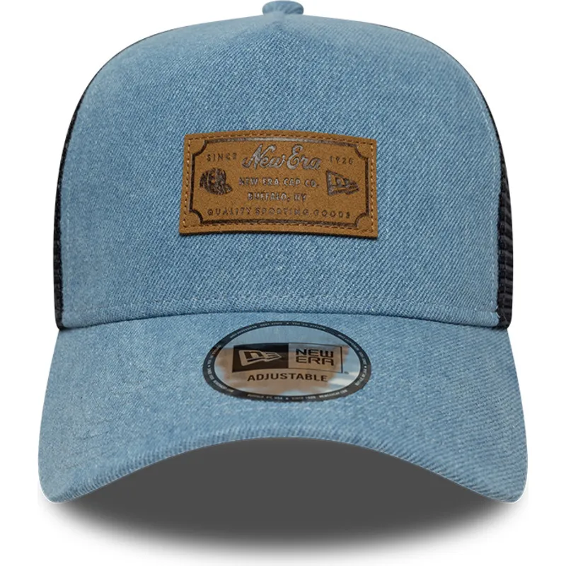 petten-gebogen-blauw-snapback-a-frame-denim-leather-patch-van-new-era