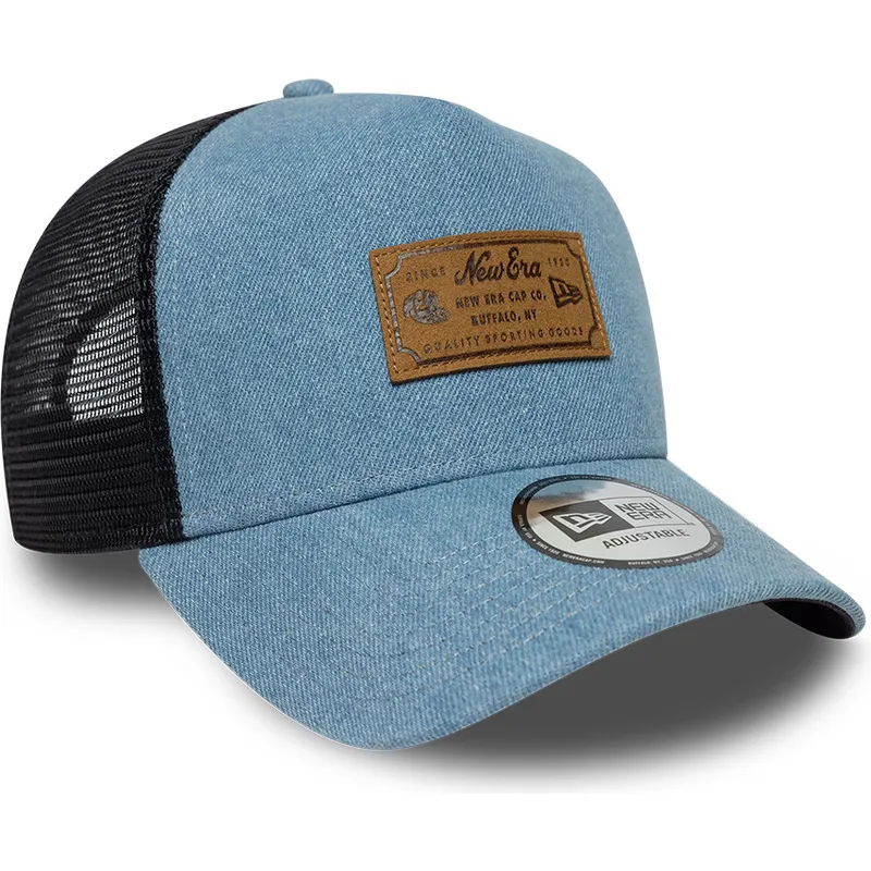 petten-gebogen-blauw-snapback-a-frame-denim-leather-patch-van-new-era