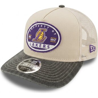 Petten gebogen beige snapback 9FORTY M-Crown A Frame Fray van Los Angeles Lakers NBA van New Era