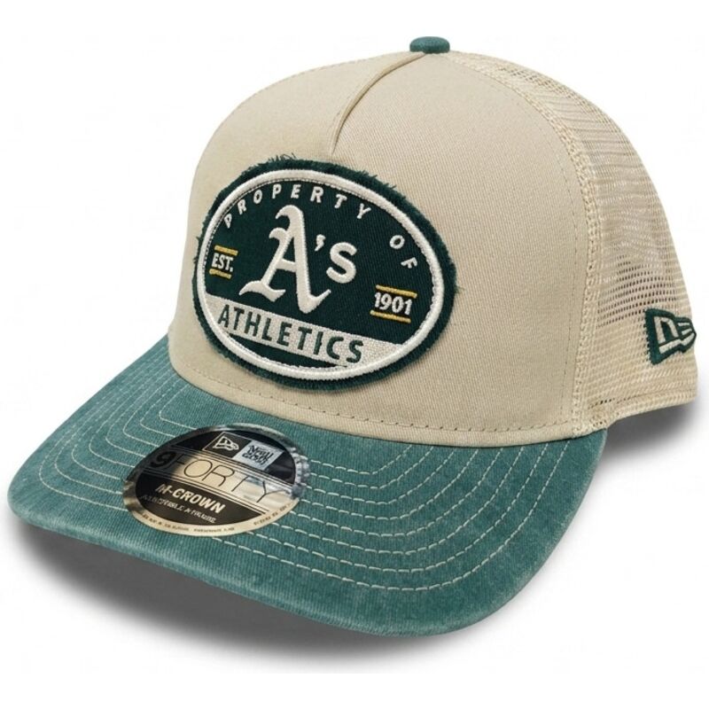 petten-gebogen-beige-snapback-9forty-m-crown-a-frame-fray-van-oakland-athletics-mlb-van-new-era