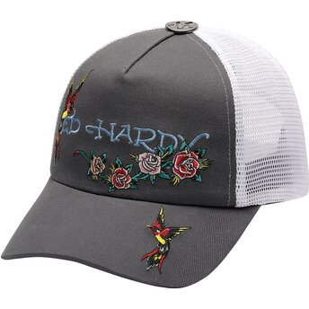 Petten gebogen grijs snapback Floral Swallow van Ed Hardy