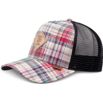 Petten gebogen meerkleurig snapback HFT Patch Check Red van Djinns