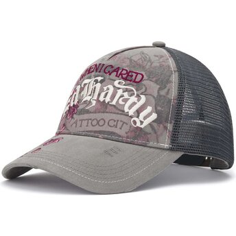 Petten gebogen grijs snapback Floral Tattoo City Vintage Wash van Ed Hardy