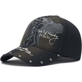 Petten gebogen zwart verstelbaar Storming Rose Washed van Ed Hardy