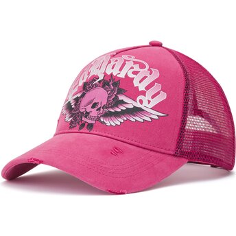 Petten gebogen roze snapback Flaming Gothic Skull Washed van Ed Hardy