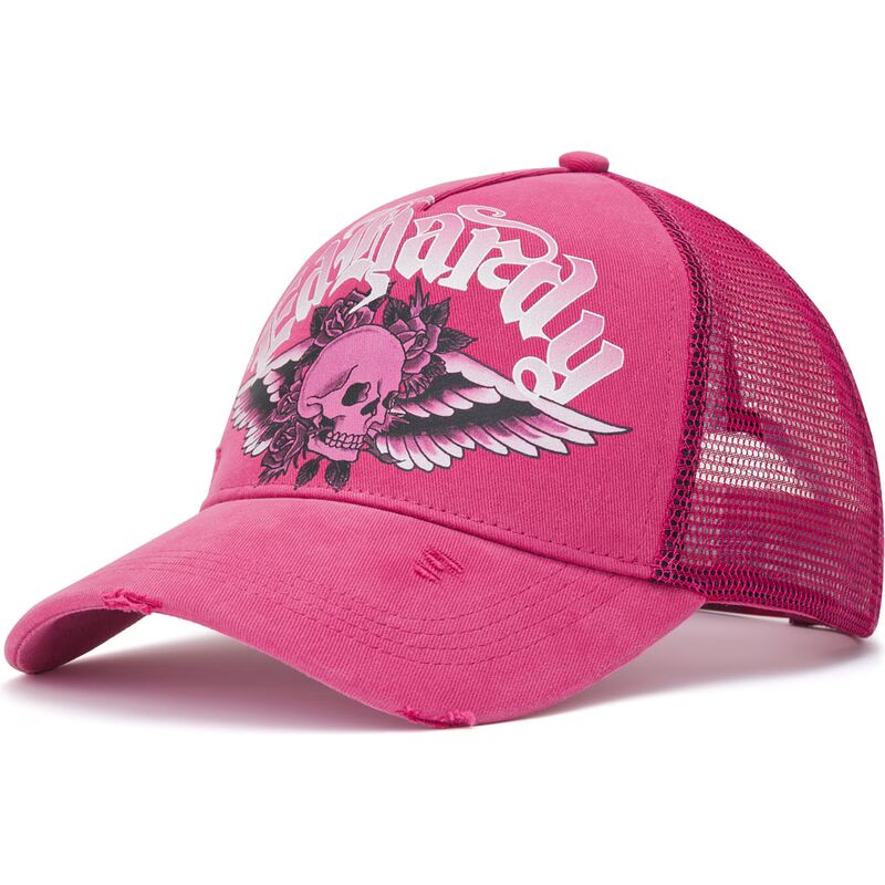 petten-gebogen-roze-snapback-flaming-gothic-skull-washed-van-ed-hardy