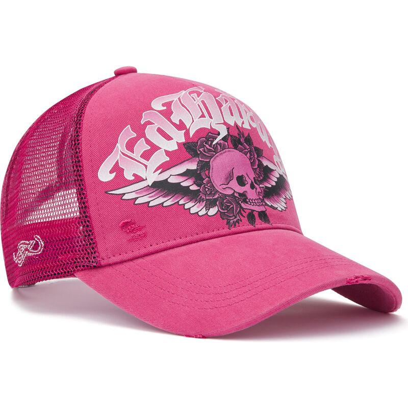 petten-gebogen-roze-snapback-flaming-gothic-skull-washed-van-ed-hardy