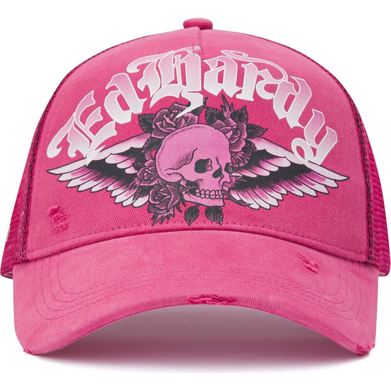 petten-gebogen-roze-snapback-flaming-gothic-skull-washed-van-ed-hardy