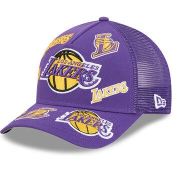 Petten gebogen paars snapback 9FORTY M-Crown A Frame All Over van Los Angeles Lakers NBA van New Era