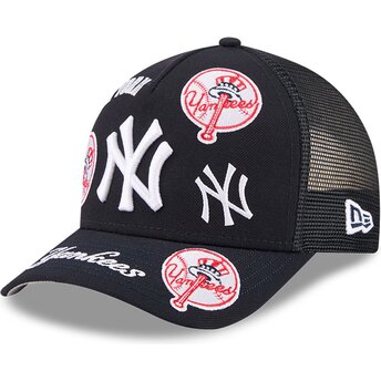 Petten gebogen marineblauw snapback 9FORTY M-Crown A Frame All Over van New York Yankees MLB van New Era