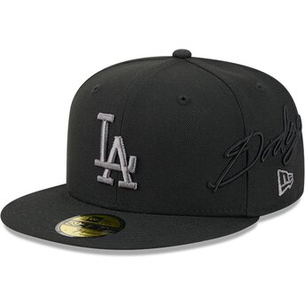 Petten plat zwart fitted 59FIFTY Side Script van Los Angeles Dodgers MLB van New Era