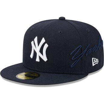 Petten plat marineblauw fitted 59FIFTY Side Script van New York Yankees MLB van New Era