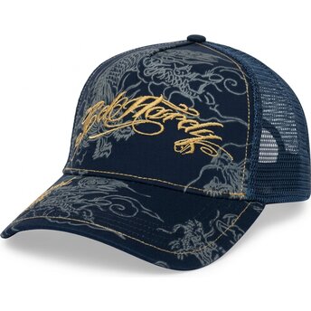 Petten gebogen marineblauw snapback Outline Dragons van Ed Hardy