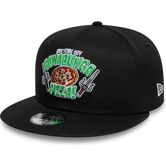 Petten plat zwart snapback voor kinderen 9FIFTY Cowabunga Pizza van Tortugas Ninja van New Era